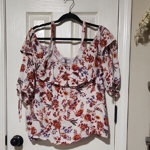 C Floral Ruffle Blouse - Red and Blue